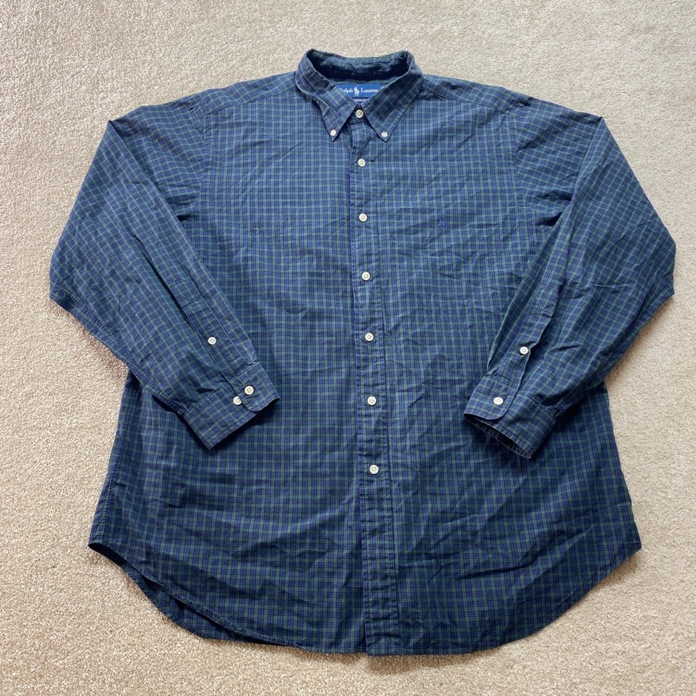 Ralph Lauren Button Down Shirt Mens 17 34/35 Green Blue Check Classic Fit Cotton